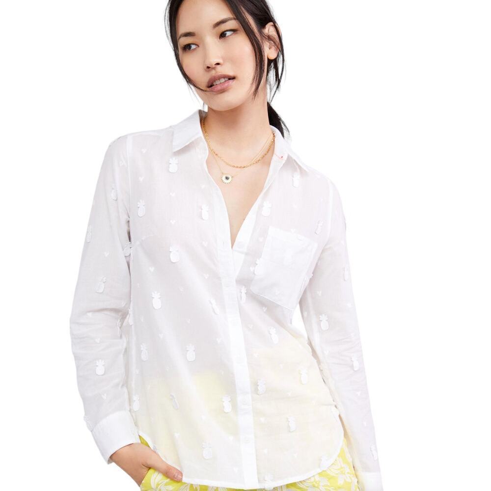 Anthropologie Maeve White Embroidered Pineapple Button Down Blouse 6 - Picture 2 of 12